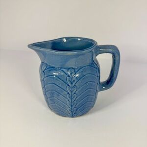Vintage Stoneware Pottery Blue Ceramic Pitcher with Arc Leaf Pattern